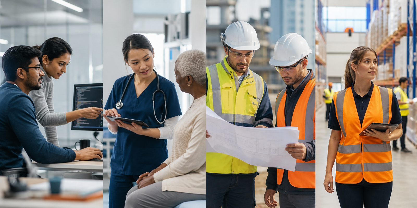 Technology, healthcare, construction and logistics professionals at work